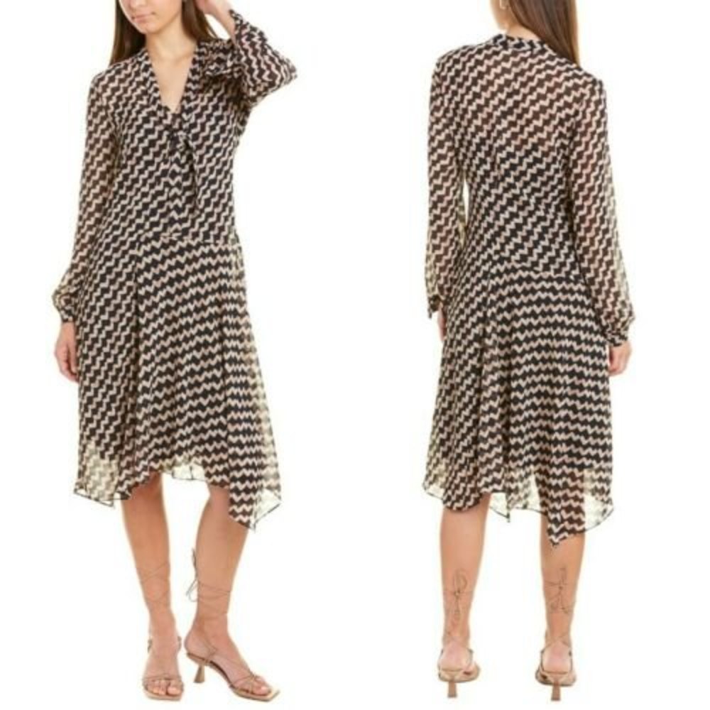 Theory Linden Tie Neck Brown Black Geometric Handkerchief Hem Dress 6 Reg $495